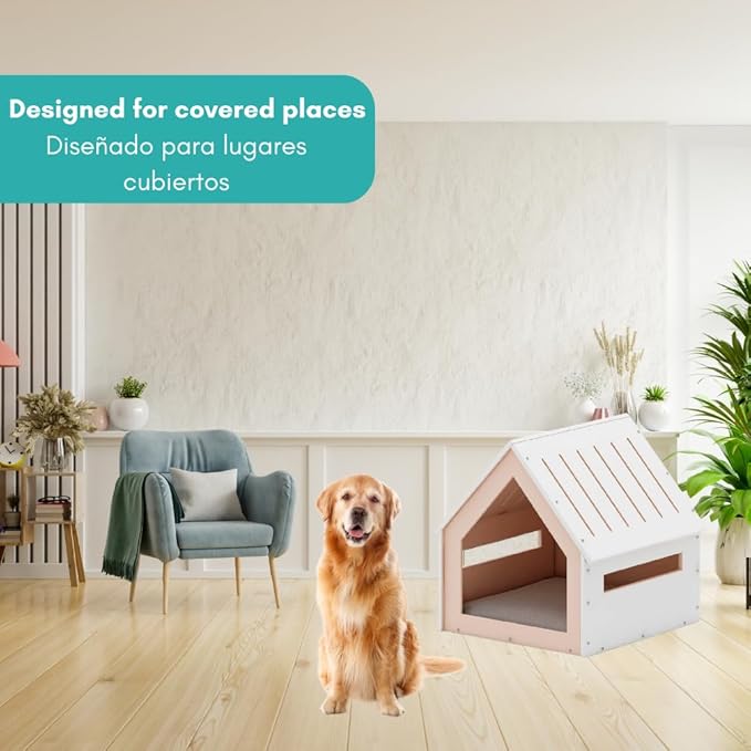 POLIPETS Large House for Pets, Wooden House for Pets for Interiors, Resistant Wood with Cushion for Dog Included, Minimalist, Elegant and Resistant, 32x31.5x31.7 in, Matte White