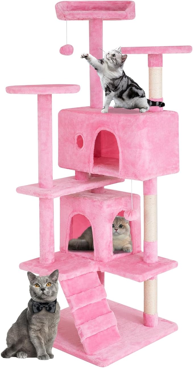 Cat Tree 53 inches Cat Tower for Indoor Cats Cat House with Replaceable and Removable Dangling Ball Cat Trees and Towers with Funny Toys, Pink