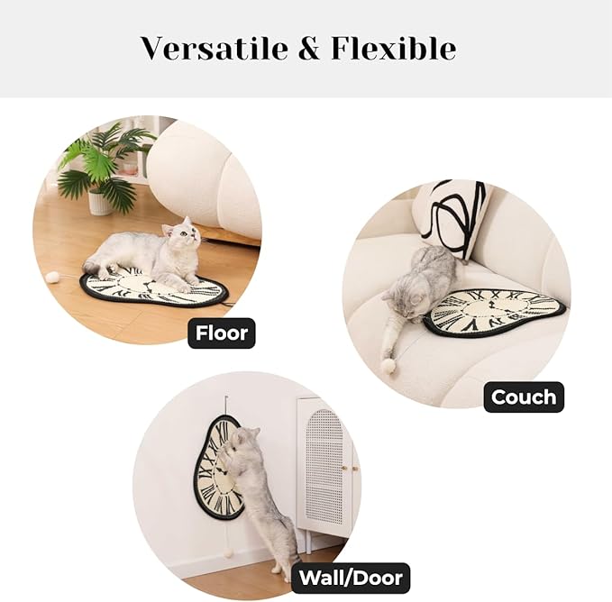 Melting Clock Cat Scratching Mat – Salvador Dali Inspired Hanging Sisal Pad with Catnip Pompom, Unique Artistic Cat Furniture & Wall Protector (21.7 x 13.8 inches)