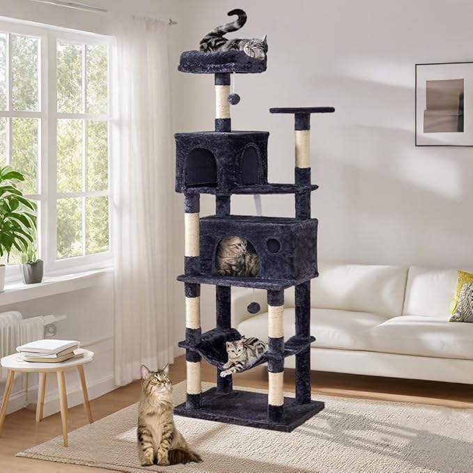 Heavy Duty Cat Tree,67in Multi-Layered Tall Cat Tower for Indoor Large Adult Cats,XL Compact Cat Stand with Hammock,Sisal Scratching Post,Removable Plush Perch,Condo,Dark Gray (Dark Gray)