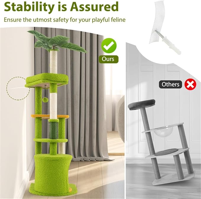 48" Cat Tree with Tropical Leaf Design – Self-Groomer, Scratching Posts & Space-Saving Tower