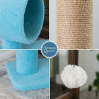 Cat Tree with Scratching Post and Tunnel, Blue Velvet, Natural Sisal Post, 24x14x26 Inches, with Hanging Toy Ball