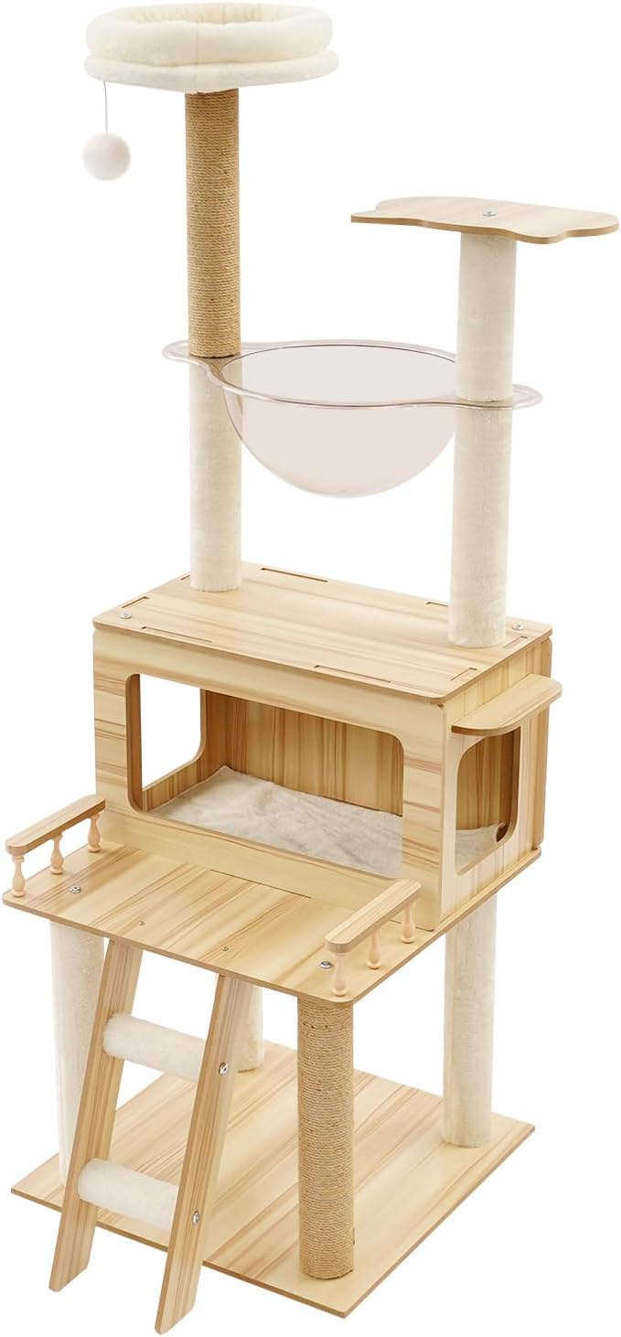 Modern Cat Tree Tower, 57.9 inch Tall Cat Tree for Indoor Cats Activity Center with Clear Capsule Condo Scratching Posts Jumping Platforms
