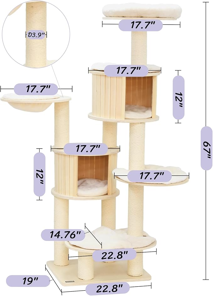 KAMABOKO 67” Tall Cat Tree, Extra Large Cat Tree - 8 Levels Wood Cat Tower Chewable w/Cat Condo, Hammocks & Hanging Basket for Large Cats