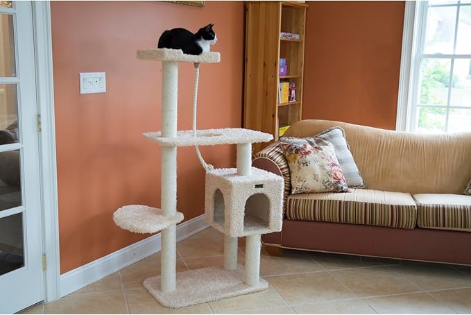 Maykoosh Faux Fur Cat Tree with Ramp & Playhouse - 40" x 20" x 57" - Beige