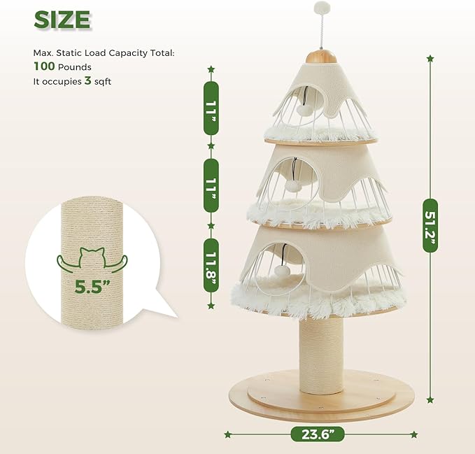 Modern Cat Tree-51.2" Cat Christmas Tree w/Thick Scratch Post(φ5.4in), Wood Cat Tower w/ 3 Condos-Heavy Duty Furniture w/Metal Frame & Replaceable Mat for Indoor Kittens, White