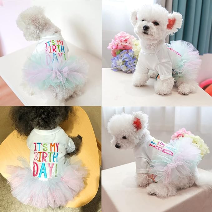ANIAC Girl Dog Birthday Tutu Dresses Puppy Lace Skirt and Hairpin Cat Birthday Princess Dress Pet Clothes for Cats Small Dogs (X-Small, White)