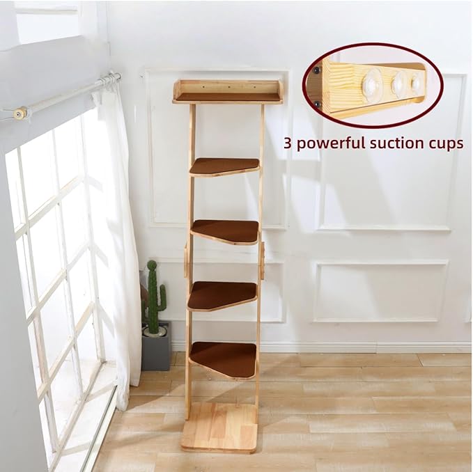 SHENGOCASE Modern 70" Tall Natural Wood 6 Level Leaning Cat Climbing Ladder Tree Tower with Large Perch Platform for Wall Window, Solid Wood Furniture for Multiple Cats