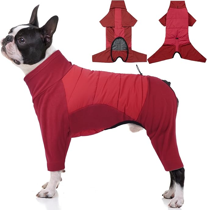 BRKURLEG Full Body Dog Winter Coat Warm Fleece Pullover Pajamas, Four Legs Covered Windproof Dog Jacket for Small to Large Dogs, Turtleneck Dogs Snowsuit, Pet Cold Weather Clothes, Red S