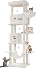 Cat Tree, 82.6" Large Cat Tower for Indoor Cats, Multi-Level Cat House with Condo, 8 Scratching Posts, Hammock, 4 Pom Poms, White MS21018WT