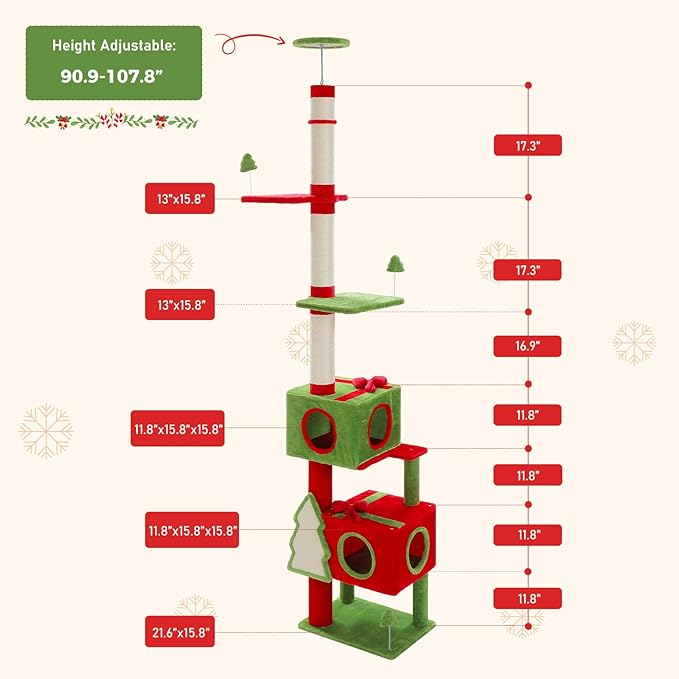 PEQULTI 90.9''-107.8'' Floor to Ceiling Cat Tree for Large Indoor Cats, Tall Christmas Cat Tower with 2 Spacious Condos, Bow Toy and Sisal-Covered Scratching Post & Pad Red/Green