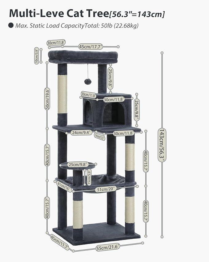PEQULTI Cat Tree for Large Cats with Metal Frame Big Hammock, Cat Tower for Indoor Cats with 2 Door Condo House, [56.3"=143cm] Multi-Level Cat Shelves with Scratching Posts and Top Perch, Dark Grey