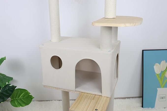 Premium Wood Cat Tree with Large Cat Condo Sisal Scratching Posts Wood Ladder and Clear Perch 165cm Height Sturdy Construction for Large Cats Simple Home Assembly