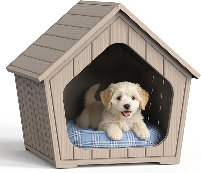 Indoor Dog House for Puppy, Durable Small Dog House Outdoor, Waterproof and Scratch Resistant Animal Shelter with Air Vents and Elevated Floor, Easy Installation and Clean (Deep Grey)