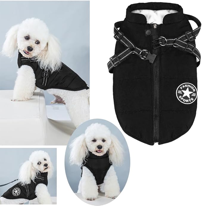Aiboria Dog Coat for Winter Waterproof Dogs Jackets Windproof Fleece Small Dog Vest Harness Winter Padded Pet Black XL