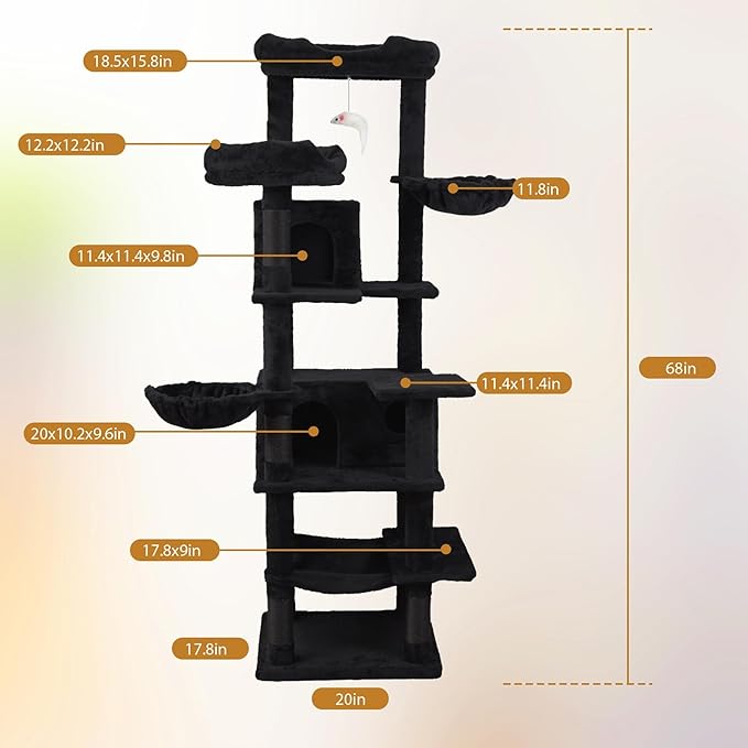 68" Black Cute Cat Tree for Indoor Cats Large Adult, Tall Cat Tower with Scratching Post & Condo, Hammock, Aesthetic Cats Stand, Modern, Easy Assembly (Black, 68" Tall)