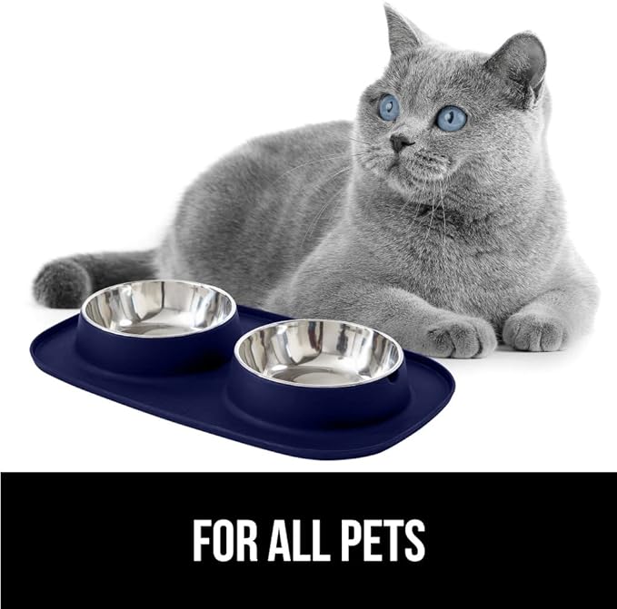 GORILLA GRIP Feeding Mat Bowl Set, 100% Waterproof BPA Free Silicone, 304 Stainless Steel Cat and Dog Bowls for Food and Water, Slip Resistant, High Edge, US Designed, Patent Pending, 2 Cup Navy Blue