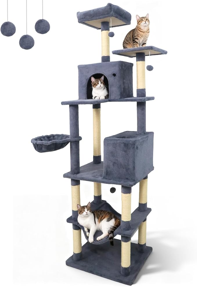 Tangkula 80 Inch Tall Cat Tree, Multi-Level Cat Tower with Sisal Scratching Posts, 2 Condos, Plush Perch, Hammock, Basket, Dangling Toys, Cat Climbing Furniture for Indoor Cats (Dark Gray)