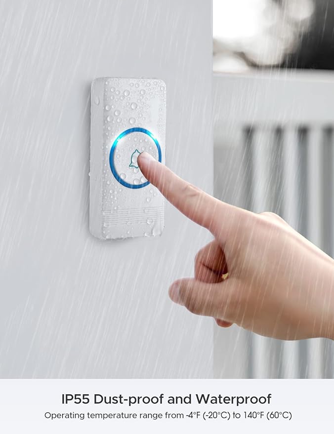 AVANTEK Wireless Doorbell, D-3F Waterproof Chime Kit Operating at Over 1300 Feet with 52 Melodies, 5 Volume Levels & LED Flash