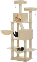 70.8" Tall Cat Tree for Indoor Cats Adult, 8-Levels Large Cat Tower with 8 Sisal Posts, 2 Hammocks, 2 Codons, Big Perch & 3 Pom Poms for Multi Cats Household– Plush Beige