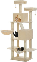 70.8" Tall Cat Tree for Indoor Cats Adult, 8-Levels Large Cat Tower with 8 Sisal Posts, 2 Hammocks, 2 Codons, Big Perch & 3 Pom Poms for Multi Cats Household– Plush Beige