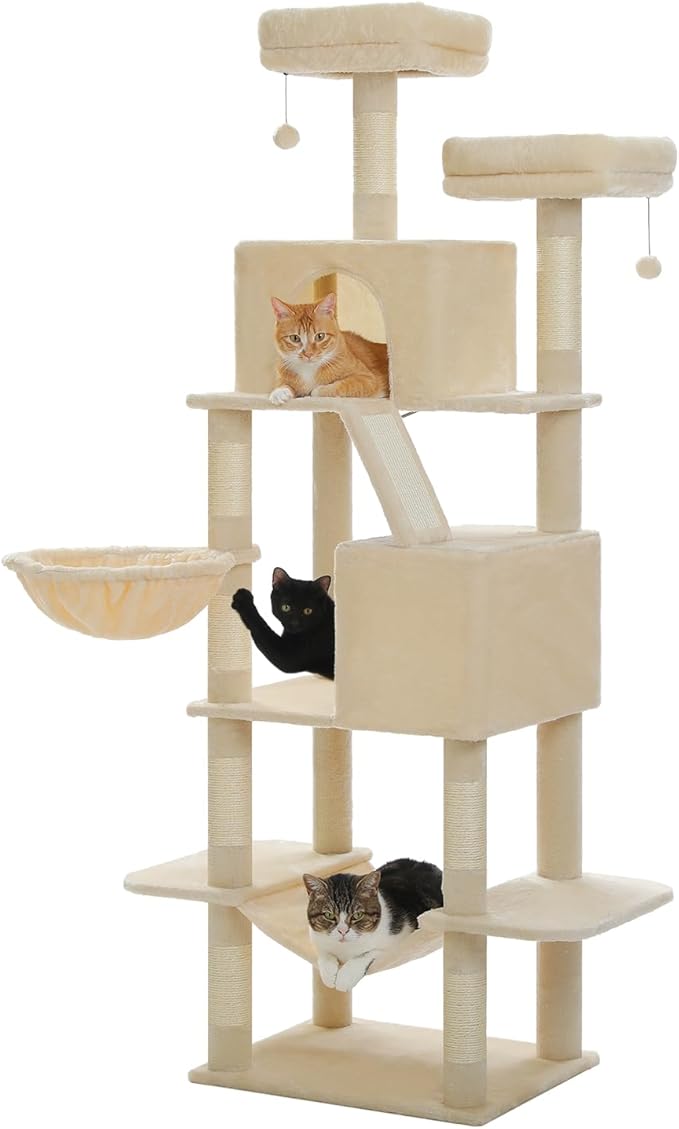 70.8" Tall Cat Tree for Indoor Cats Adult, 8-Levels Large Cat Tower with 8 Sisal Posts, 2 Hammocks, 2 Codons, Big Perch & 3 Pom Poms for Multi Cats Household– Plush Beige