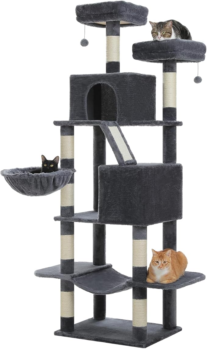 70.8" Tall Cat Tree for Large Cats, Multi-Level Cat Tower with 8 Sisal Scratching Posts, 2 Top Perches, Big Condo, Large Hammock, and Cat Furniture for Indoor Cats, Dark Gray