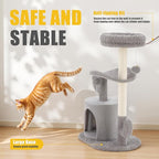33-Inch Small Cat Tree Tower with Curved Bed, Plush Perch & Scratching Post, Cactus Style Cat Climbing Tree with Hanging Toys, Compact Cat Tree for Indoor Cats, Grey