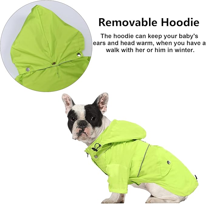 Morezi Dog Zip Up Raincoat with Reflective Buttons, Rain/Water Resistant, Adjustable Drawstring, Removable Hood, Raincoats with Legs 8lbs to 80lbs Available Light Green S