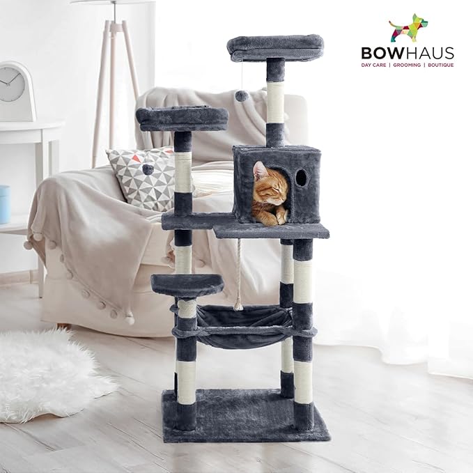 Tall Cat Tree for Indoor Large Cats or Kittens, Multi-Level Cat Activity Tree with Scratching Posts, Hammock, Cat Cave Condo, Modern Cute Small Cat Climbing Tower with Widened Perch