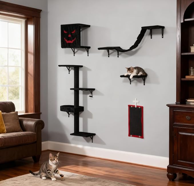 5 Pcs Wall-Mounted Climber Set, Wood Indoor with Shelves and Perches, Ladder, Condo House, Scratching Board and Tree, Wall Shelves Furniture for Cats (Black&Red)