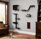 5 Pcs Wall-Mounted Climber Set, Wood Indoor with Shelves and Perches, Ladder, Condo House, Scratching Board and Tree, Wall Shelves Furniture for Cats (Black&Red)