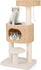 Tangkula Modern Cat Tree, 41 Inch Multi-Level Cat Tower with Cattail Fluff Condo & Top Perch, Hanging Toy, Bed, Removable Cushion, Sisal Scratching Posts for Indoor Cats, Natural