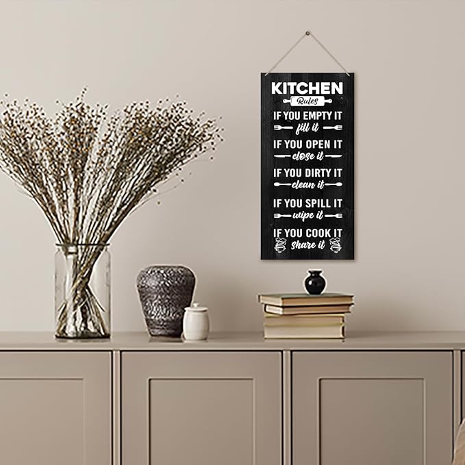 J2 Farmhouse Rustic Kitchen Sign, Hanging Printed Wooden Plaque Decor, Shared Kitchen Rules Sign for Hostel Dormitory 12x6inch