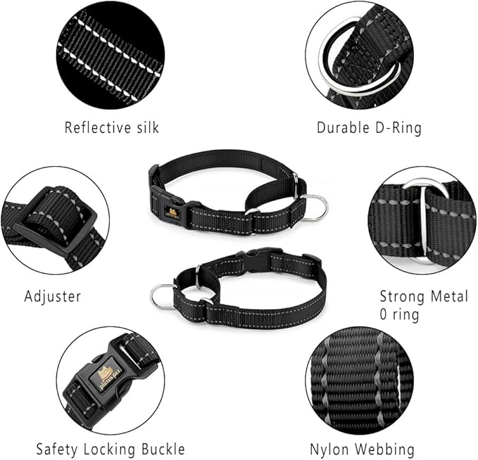 PLUTUS PET Reflective Martingale Collar with Quick Snap Buckle,No Pull Dog Choker Collar for Small Medium Large Dogs,S,Black