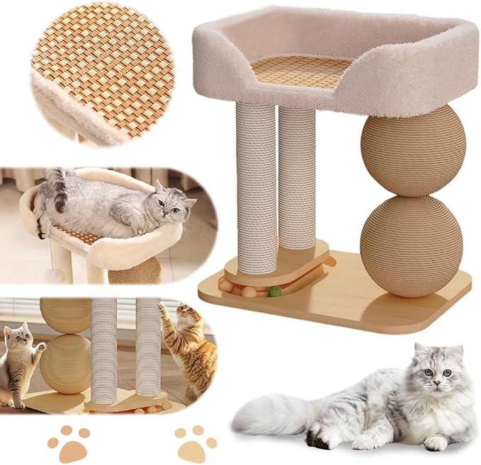 3-in-1 Small Cat Tree Tower, Small Cat Tower and Perch Bed, 16.5Inch Tall Cat Tree with 3 Sisal Scratching Posts and Ball Track Toy for Kittens and Indoor Cats