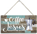 K7 Hanging Wooden Plaque Decor - Coffee Bar Sign, Jesus Keeps Me Going, Rustic Farmhouse Kitchen Wall Decor, 12x6 inch