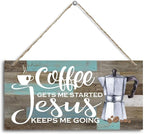 K7 Hanging Wooden Plaque Decor - Coffee Bar Sign, Jesus Keeps Me Going, Rustic Farmhouse Kitchen Wall Decor, 12x6 inch