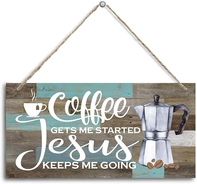 K7 Hanging Wooden Plaque Decor - Coffee Bar Sign, Jesus Keeps Me Going, Rustic Farmhouse Kitchen Wall Decor, 12x6 inch