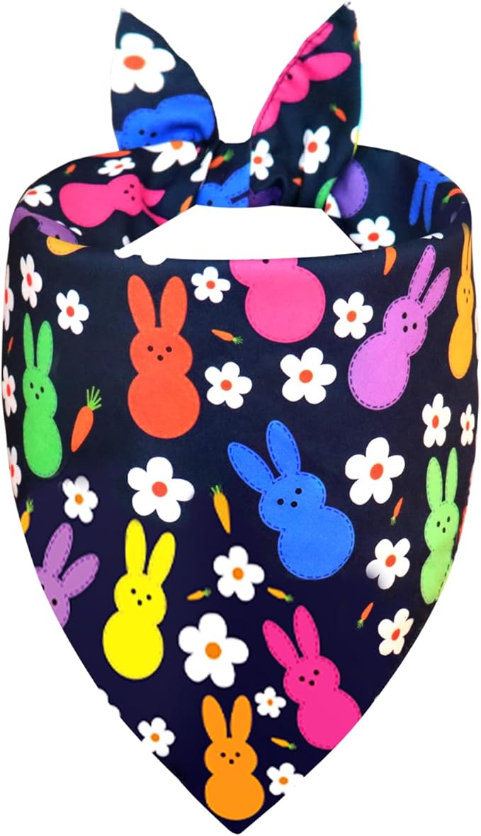 Easter Dog Bandana for Medium Large Dogs - Reversible Navy Bunny & Pastel Stripes Scarf, Cute Pet Accessory for Spring Gift (14-18" Neck)