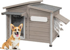 PetsCosset Wooden Dog House Outdoor, Anti-Chewing Iron Frame Dog Kennel Outside, Weatherproof Outside Shelter Pet House for Small, Medium, and Large Dogs with Elevated Floor (Grey, 34" L*22" W*27" H)