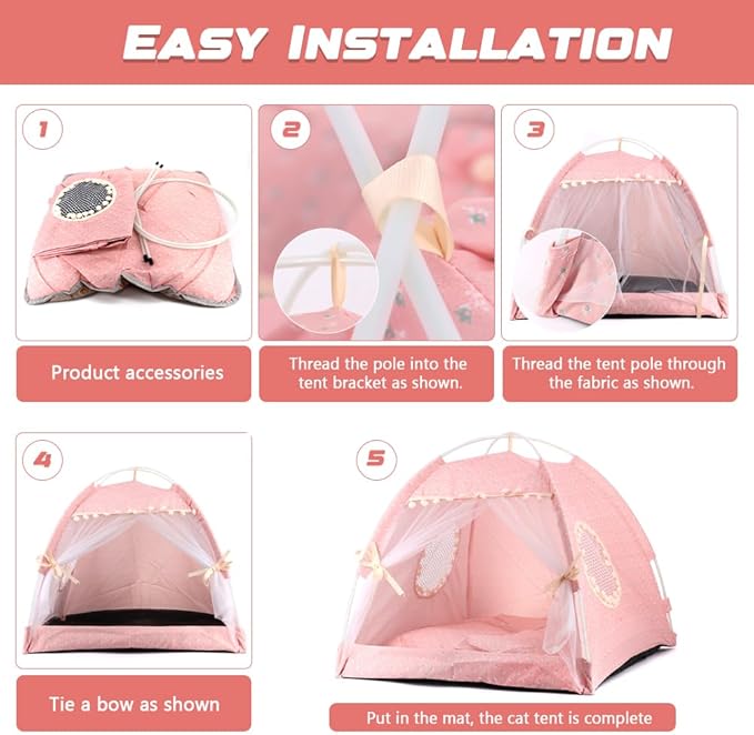 Pawstrip Dog Tent Indoor Cat House Pink Puppy Bed Portable Pet Teepe Princess Dog Camping Tent Outdoor Kitten Houses Cute Bunny Nest Girl Kitty Cave, Large (19.7" x 19.7" x 17.7")