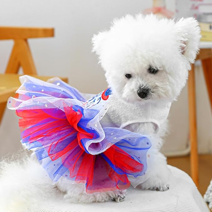 ANIAC 4th of July Girl Dog Dress with Stars Independence Puppy Clothes for Small Dog 1st Independent Day Cat Outfit Patriotic Pet Princess Tutu Skirt (Independence, Medium)