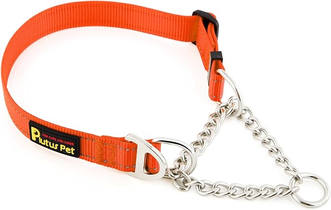 Plutus Pet Martingale Dog Collar with Stainless Steel Chain and Reflective Nylon, Adjustable No Pull Training Collar, for Small Medium, and Large Dogs, Orange, M
