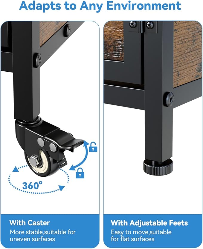 Petrova 40" Dog Crate Furniture with LED Light & Power Outlets, Heavy Duty Indoor Dog Kennel for Small/Medium Dogs, Wooden Dog Cage with Open Shelves, Storage Drawers, Lockable Wheels, Brown