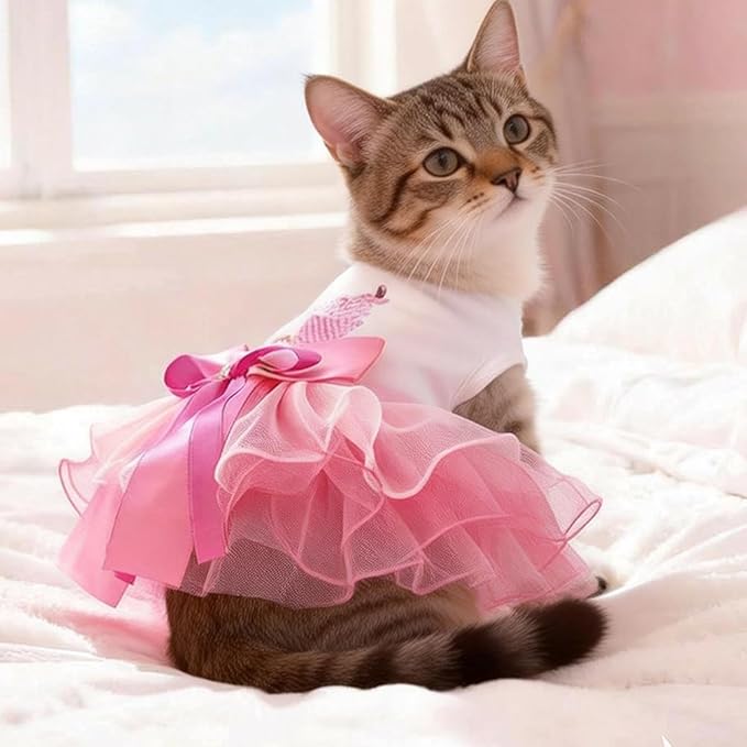 Dog Birthday Dress with Cake Pattern & Bowknot Girl Puppy Clothes for Small Dog Cat Birthday Outfit with Tutu Skirt Party Tulle Pet Apparel (Fuchsia, Large)
