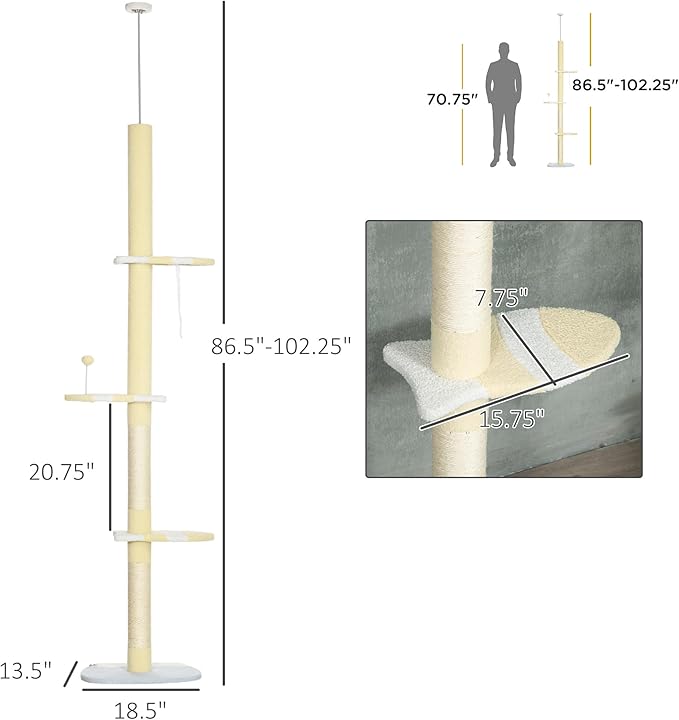 Floor-to-Ceiling Cat Tree, 4-Tier, 18.5x13.5x102.3 Inches, All Breed Sizes, Climbing and Cuddling, Fabric and Particle Board, Floor Mount