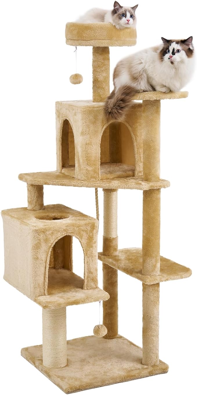 57.8" Large Cat Tree for Indoor Cat, Tall Cat Tower for Cat Adult, Durable Stable Multi-Level Cat Furniture, with Cat Condos, Cat Beds, Sisal Cat Scratching Posts, Hanging Pompoms (Beige)