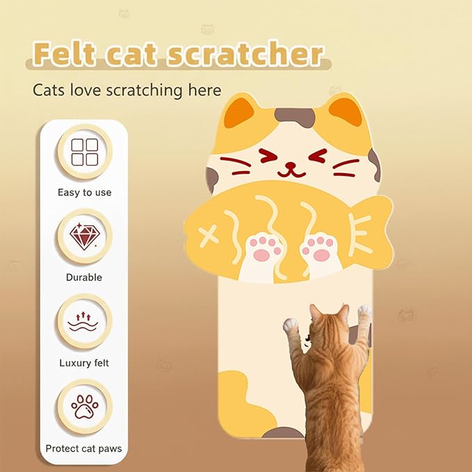 Wall-Mounted Cat Scratcher, 2025 Upgraded Indoor Cat Wall Scratcher — Self-Adhesive Double-Sided Tape, Trimable Scratching Surface, Suitable for Walls/Sofas/Floors (IncludesToy) (Gluttonous Cat)