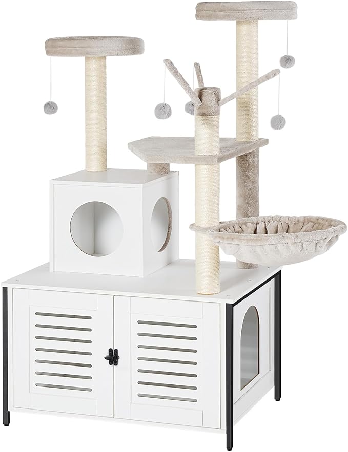 HOOBRO Cat Tree with Scratching Posts, Cat Tower Litter Box Enclosure Furniture for Indoor Cats, All-in-One Wooden Cat House Condo with Cat Hammock, Detachable Teaser Sticks, White BW14MZ03
